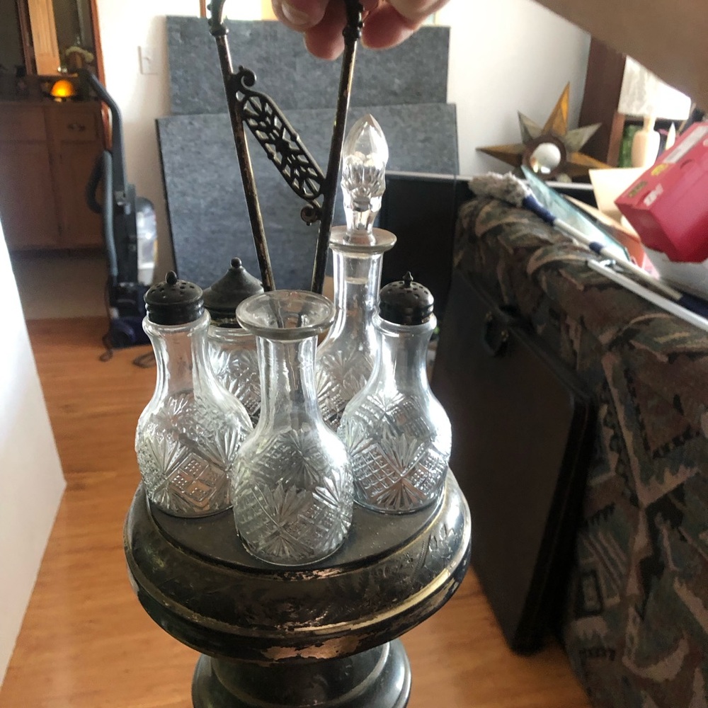 Vintage Cut Glass Cruet Set with Decorative Metal Stand - Clear